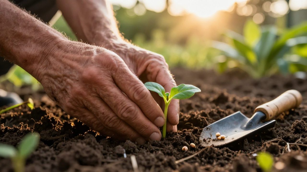 Manos trabajadoras plantan un pequeño brote verde en tierra fértil bajo la luz del sol.