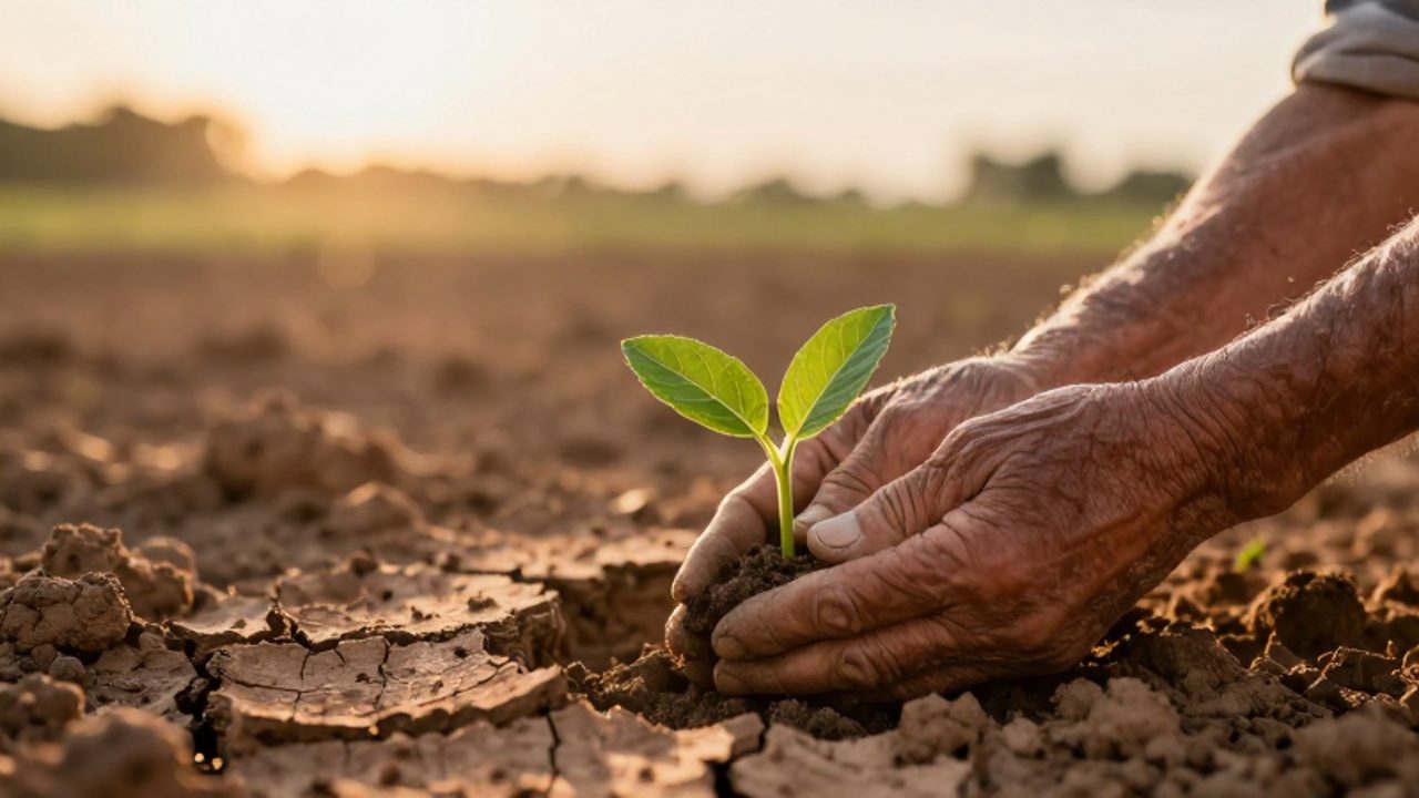 Manos de un hombre mayor sosteniendo con delicadeza un pequeño brote verde que crece entre la tierra seca y agrietada.