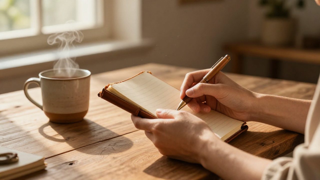 Manos sujetando un diario de cuero y un bolígrafo sobre una mesa de madera junto a una taza de té caliente en un ambiente cálido y tranquilo.