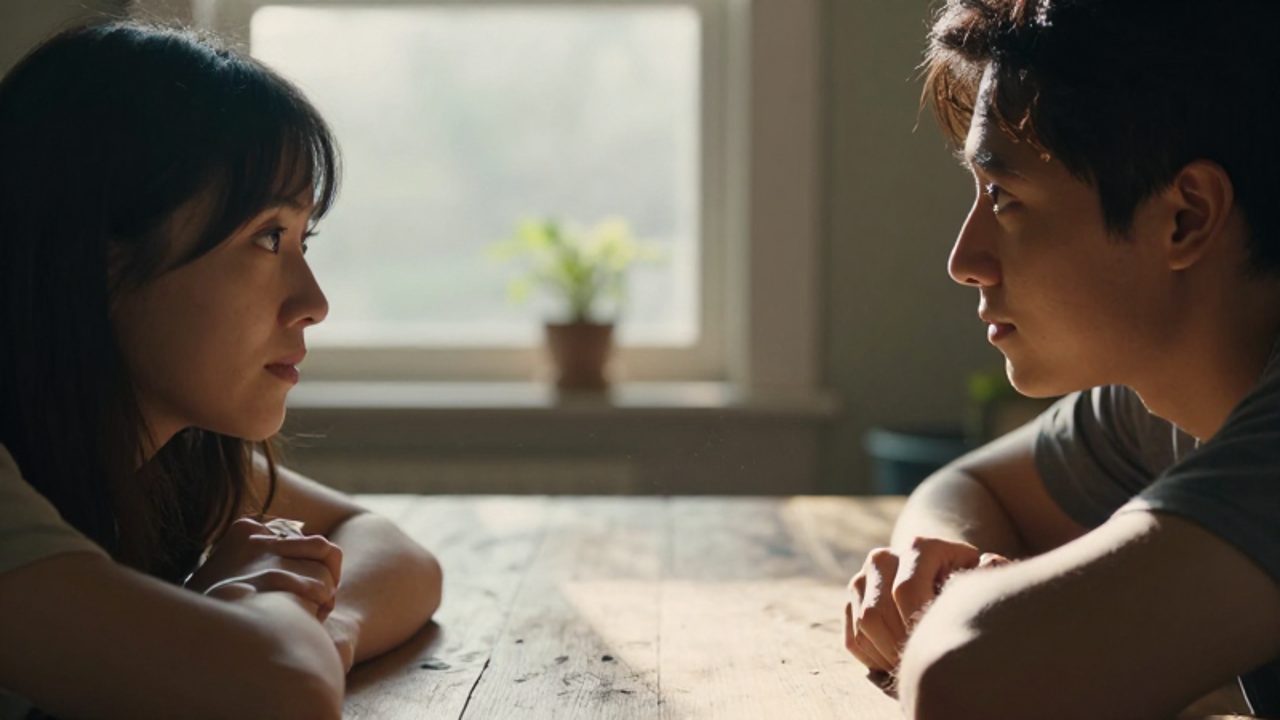 Dos personas sentadas frente a frente en una mesa de madera, manteniendo una conversación cercana y empática en una habitación iluminada por la luz del sol.