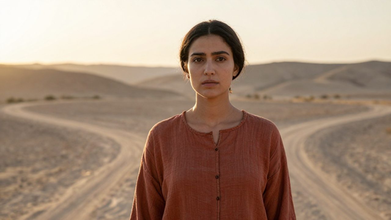 Mujer joven con expresión decidida contempla el horizonte en un paisaje árido de Oriente Medio frente a un camino de tierra.