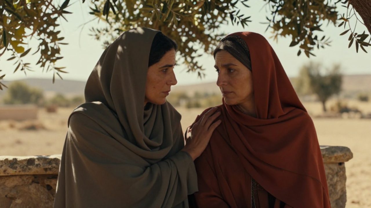 Dos mujeres con vestiduras antiguas se sientan juntas bajo un olivo, donde una coloca una mano reconfortante sobre el hombro de la otra en un gesto de apoyo emocional.