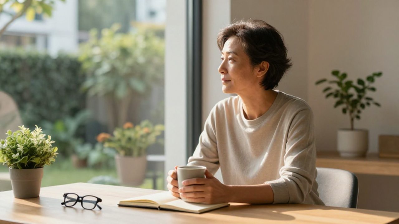 Persona de mediana edad sentada en un escritorio minimalista, mirando pensativamente por la ventana con una taza en las manos en un ambiente tranquilo y luminoso.
