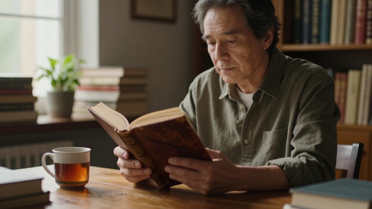 Persona de mediana edad concentrada en la lectura de un libro antiguo dentro de un estudio iluminado por el sol.