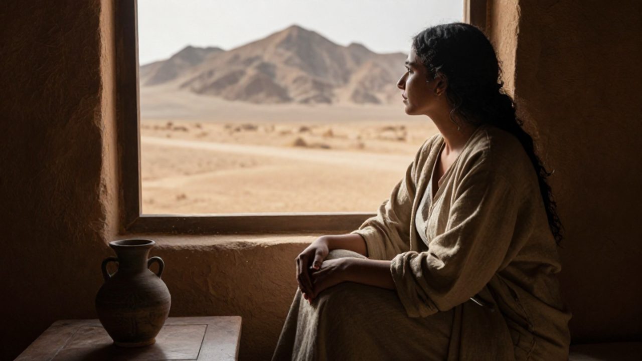 Mujer de origen mediooriental con expresión de fortaleza y melancolía, sentada junto a una ventana de piedra mientras contempla un vasto paisaje desértico.