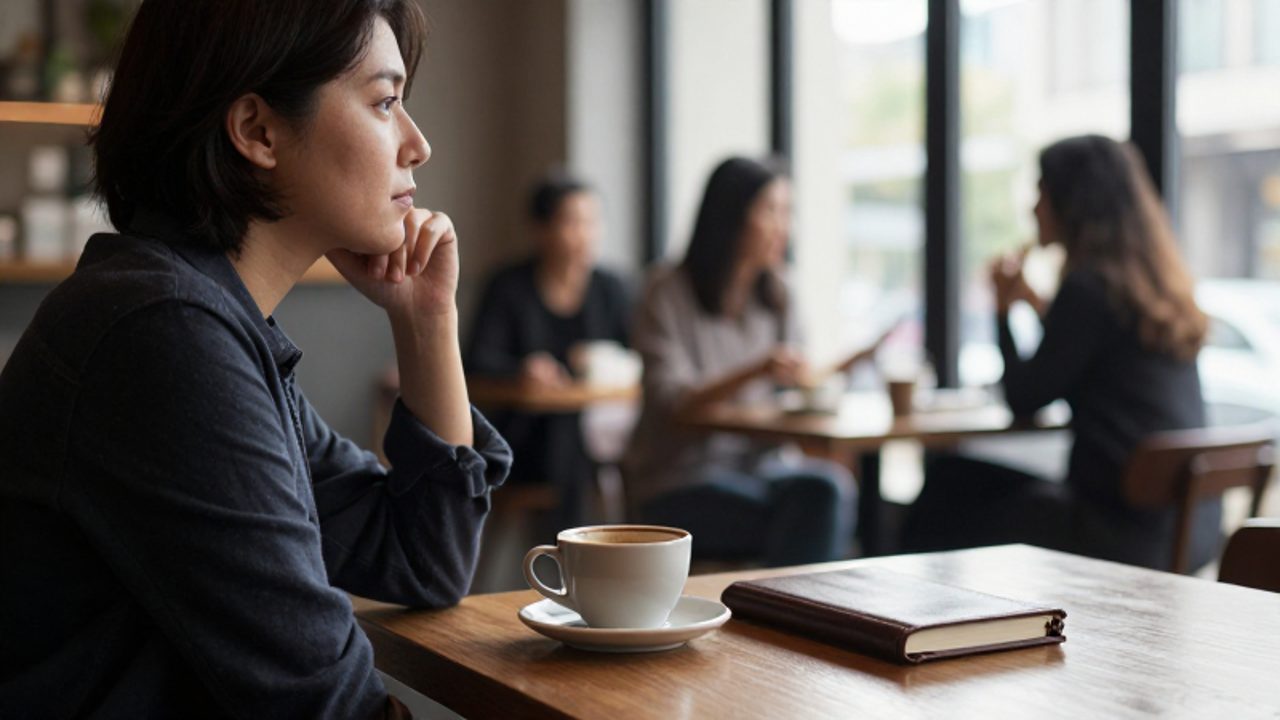 Persona sentada sola en una cafetería luminosa con un diario y un café, observando con tranquilidad hacia una ventana mientras un grupo de personas conversa desenfocado al fondo.