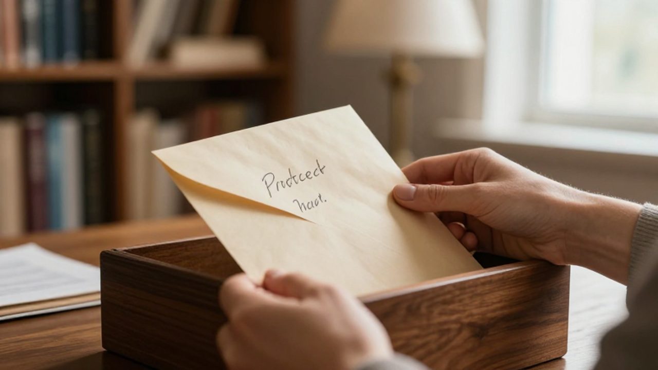 Manos de una persona guardando con cuidado una carta escrita a mano en una caja de madera sobre un escritorio.