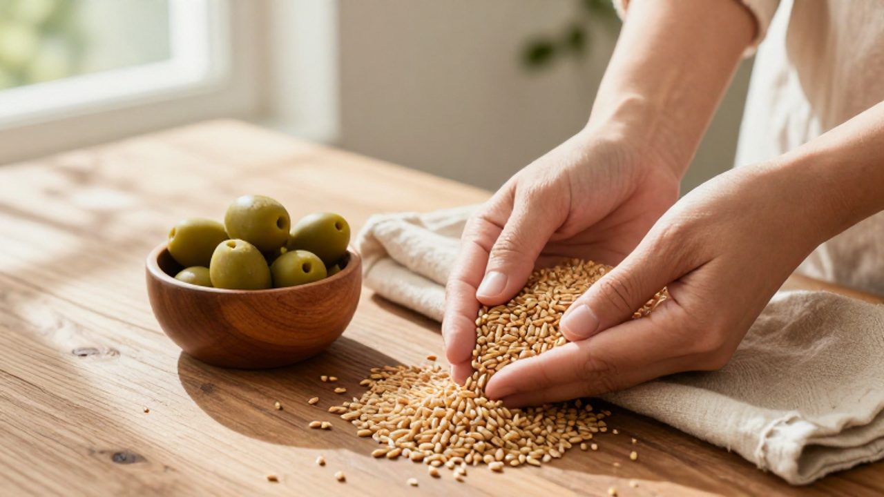 Manos organizando semillas de grano y aceitunas en un cuenco de madera sobre una mesa rústica bajo una luz natural cálida.
