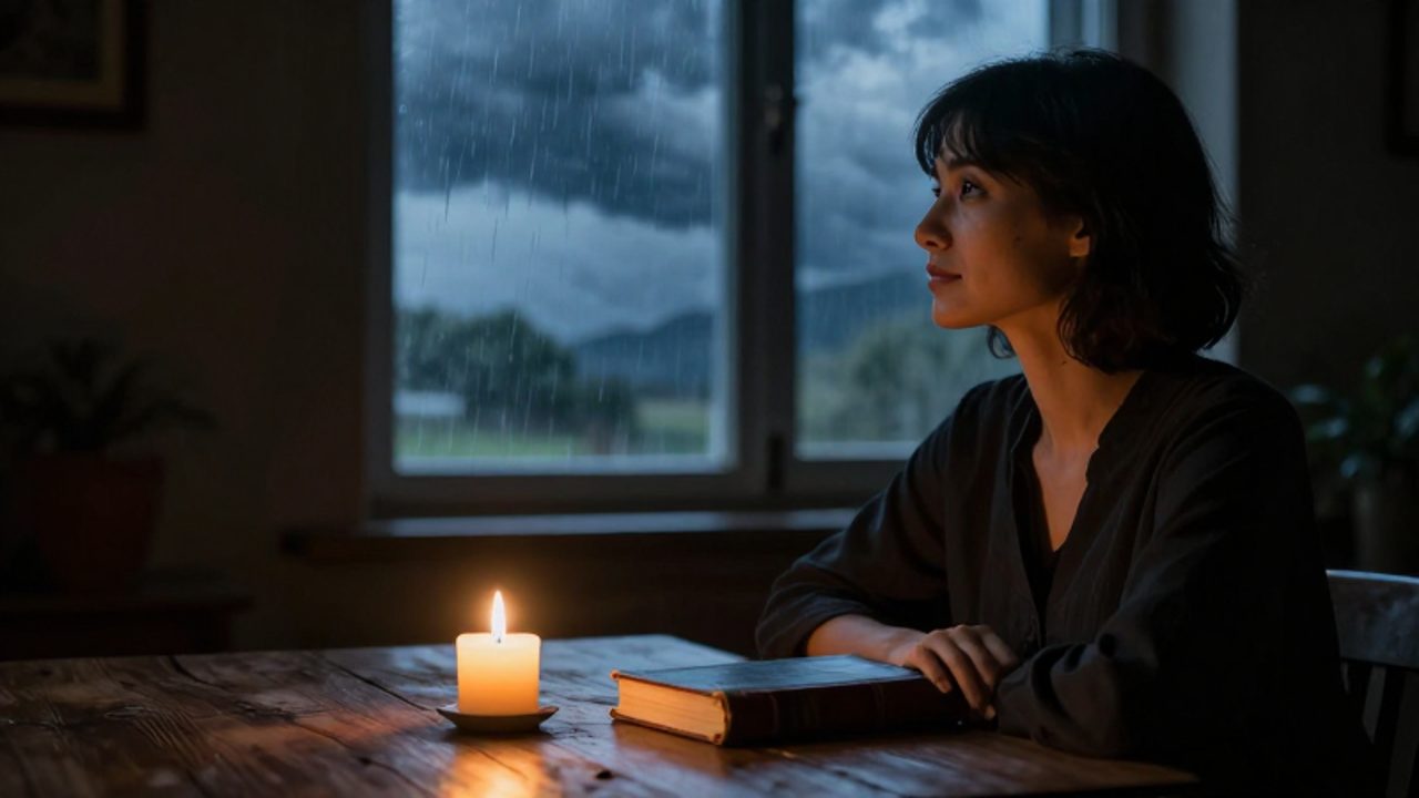 Persona con expresión serena sentada ante una mesa con un libro y una vela, contemplando un paisaje tormentoso a través de una ventana.