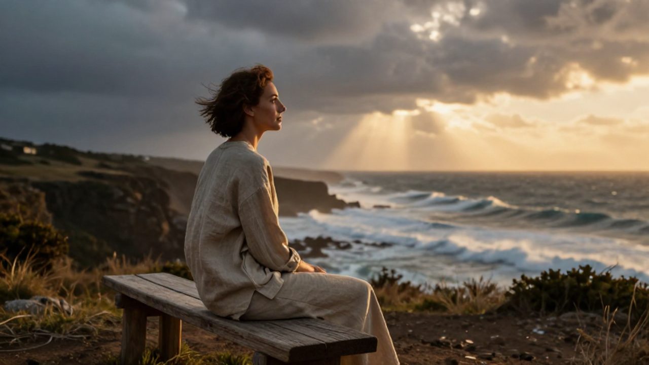 Persona sentada en un banco frente a un paisaje costero tormentoso mientras la luz del sol comienza a filtrarse entre las nubes.