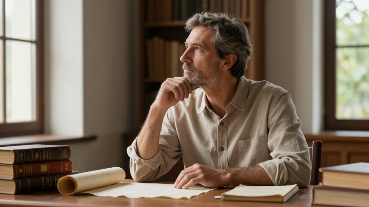 Hombre de mediana edad con expresión contemplativa sentado ante un escritorio de madera en una biblioteca iluminada por el sol.