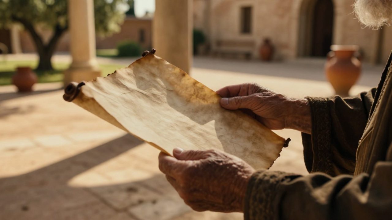 Manos de un mentor anciano guiando con delicadeza las manos de un joven estudiante mientras examinan un antiguo pergamino en un patio mediterráneo.