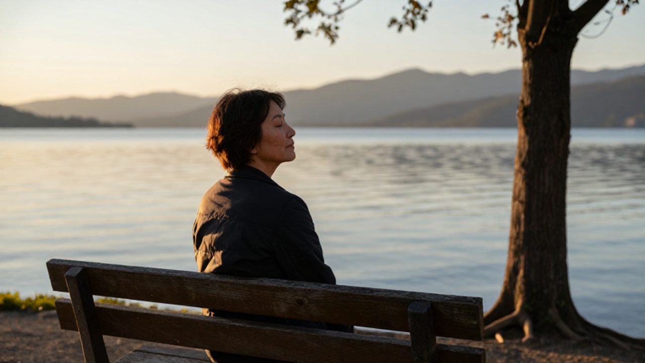 Persona de mediana edad con expresión serena sentada en un banco de madera frente a un lago tranquilo durante el atardecer.