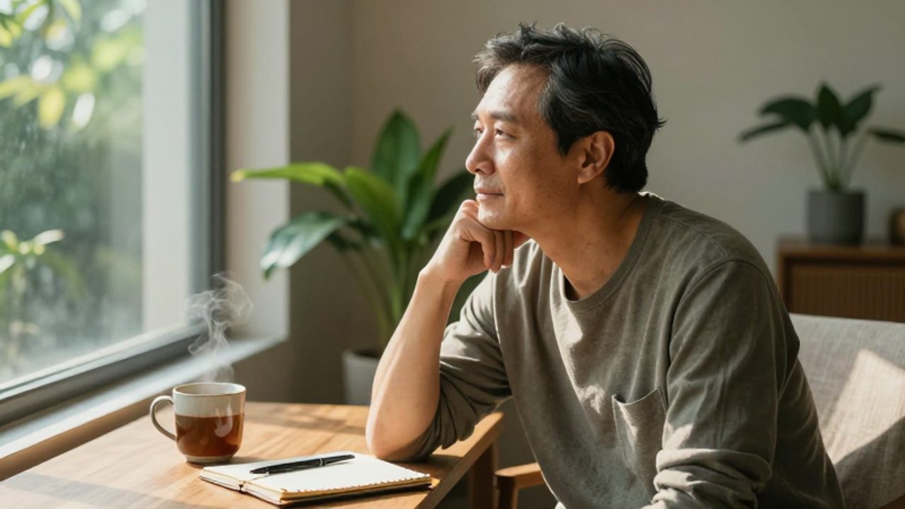 Hombre de mediana edad sentado con expresión tranquila en una sala iluminada por el sol, contemplando a través de una ventana junto a una taza de té y un cuaderno abierto.