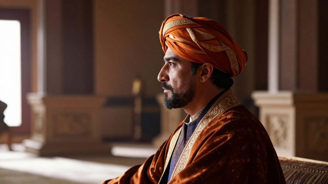 Un gobernante antiguo de perfil con un majestuoso turbante de seda bordada en oro, sentado en un palacio opulento.