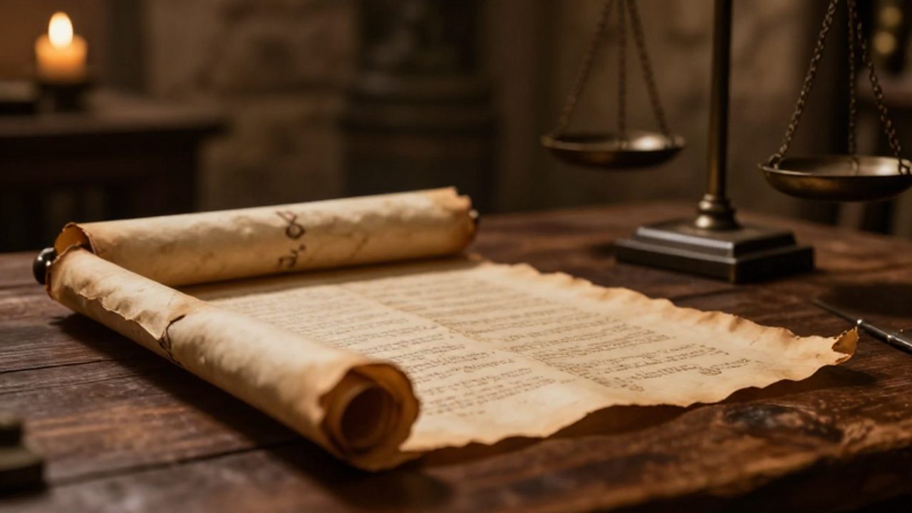 Un pergamino antiguo desenrollado junto a una balanza de hierro sobre una mesa de madera en un entorno de estudio histórico.