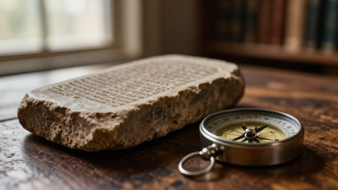 Una tabla de piedra antigua junto a una brújula moderna sobre una mesa de madera en un entorno de estudio.