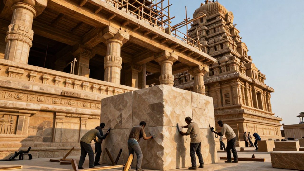 Obreros y arquitectos antiguos trabajan en la construcción de un monumental templo de piedra y madera bajo la luz del atardecer.