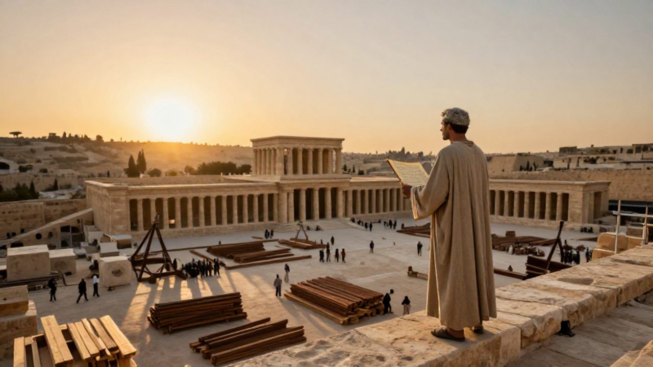 Un arquitecto observa con un pergamino en la mano la construcción monumental de un templo de piedra y madera bajo la luz del atardecer.