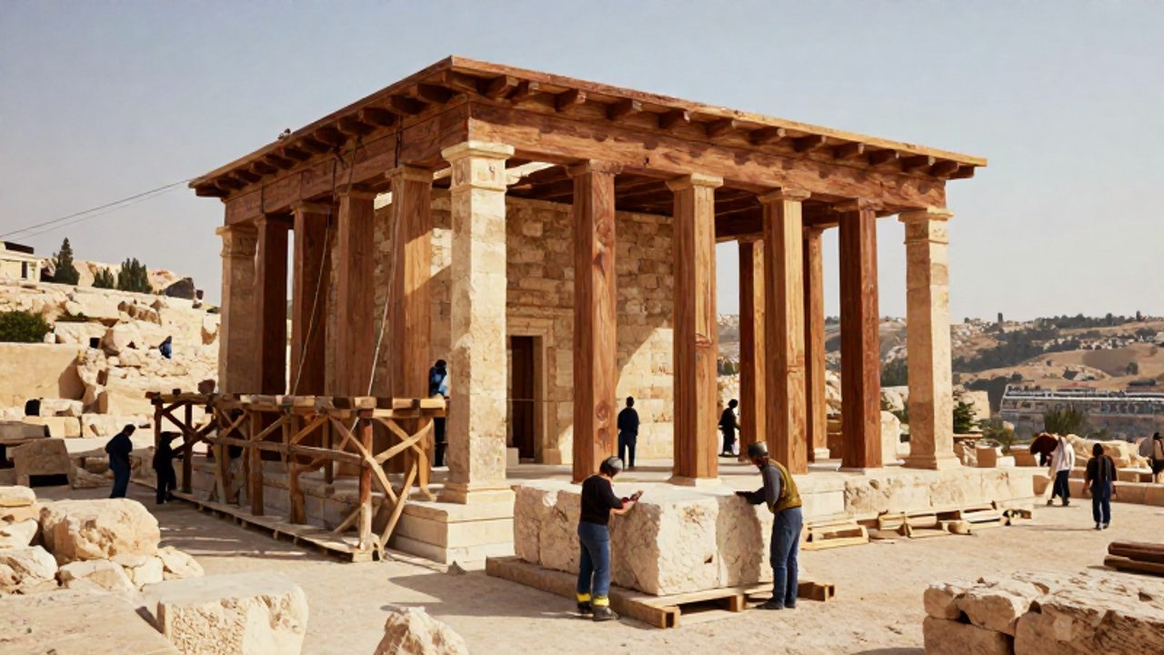 Maestros canteros y arquitectos ensamblan grandes bloques de piedra y madera mediante andamios en un antiguo sitio de construcción en la Jerusalén del siglo X a. C.