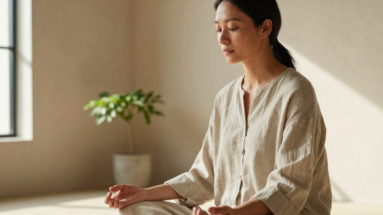 Mujer de mediana edad con expresión serena y vestimenta modesta sentada en un entorno luminoso y minimalista que transmite paz y reflexión.