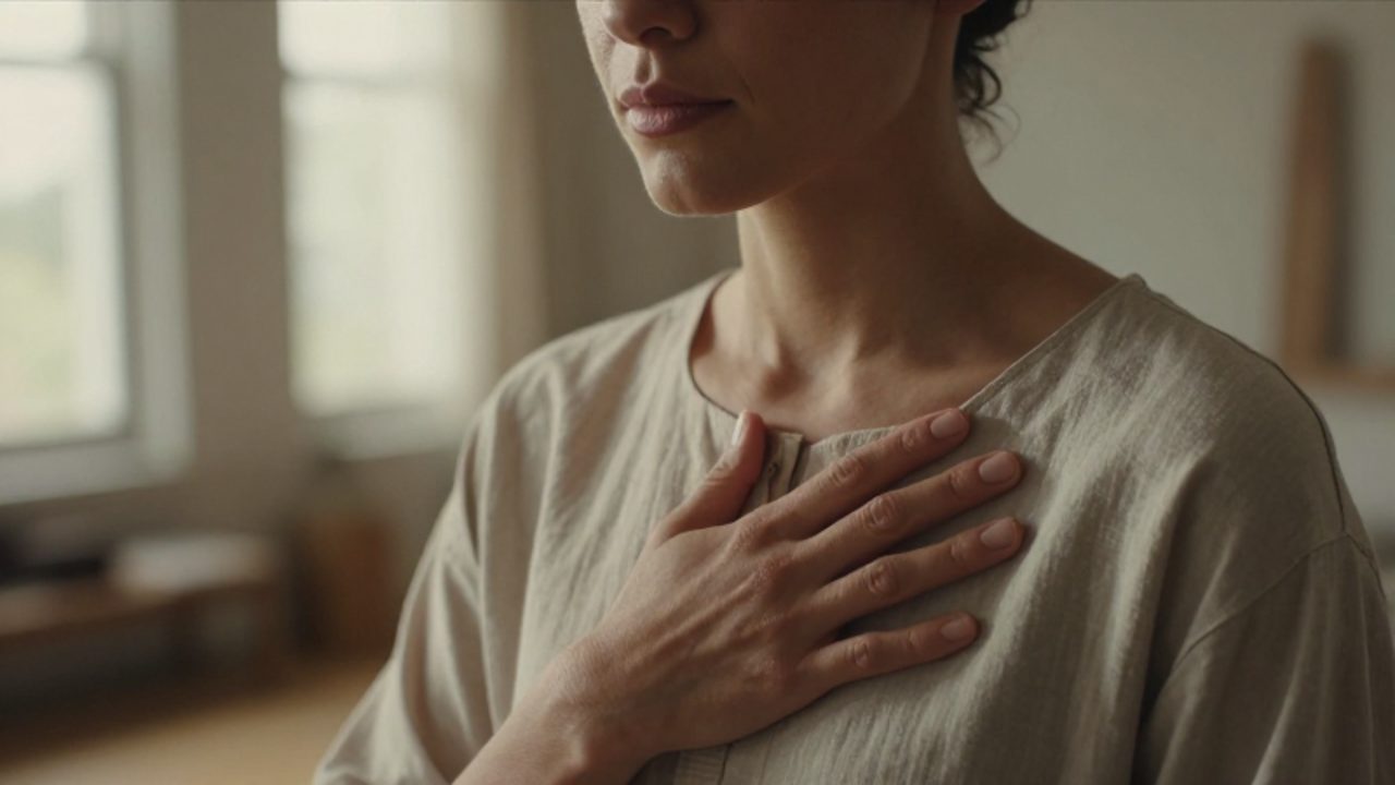 Persona en un momento de reflexión con la mano sobre el corazón en un entorno cálido y sereno.
