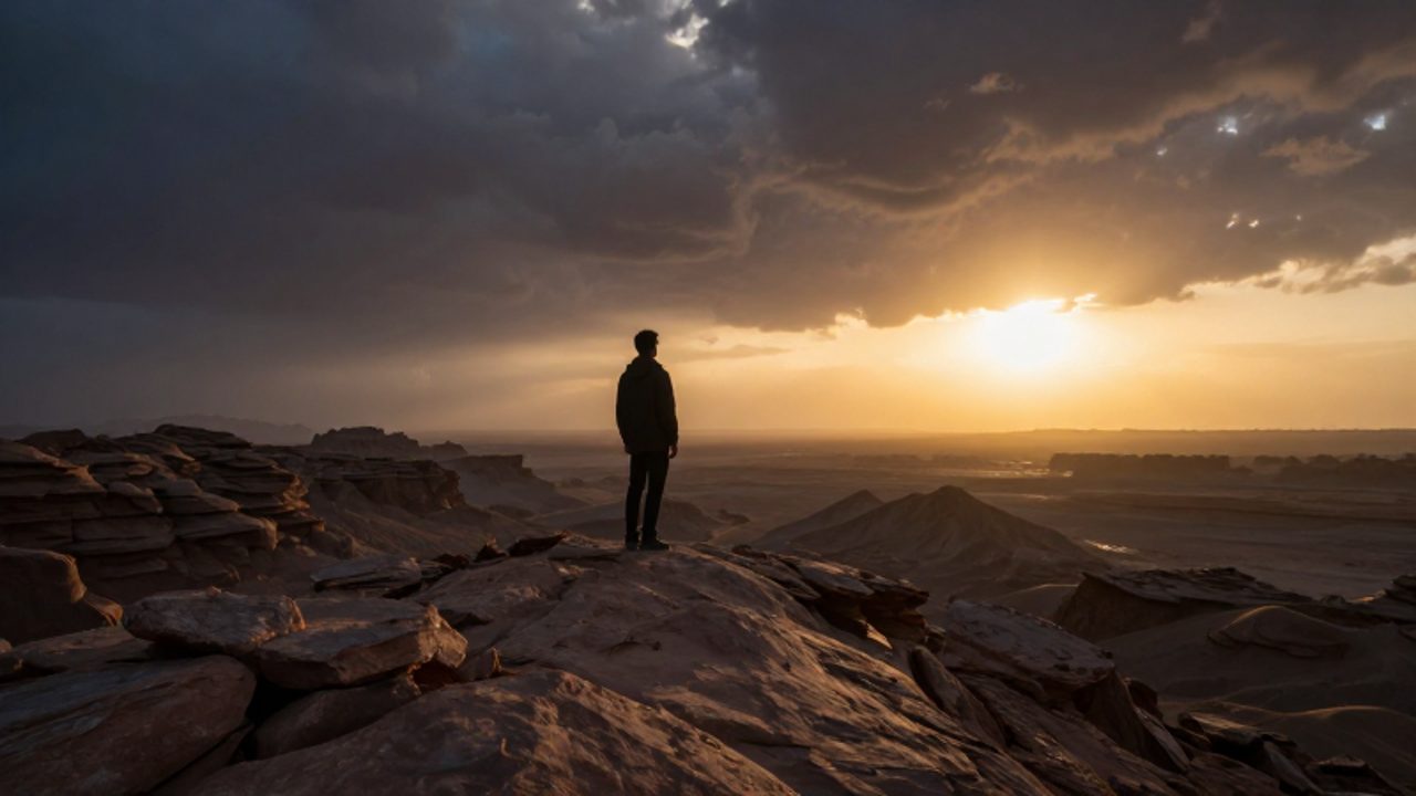 Silueta de una persona contemplando un horizonte despejado tras una tormenta en un paisaje desértico al amanecer.