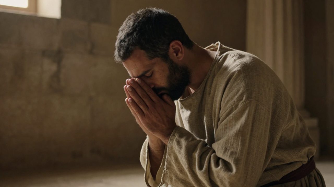 Hombre con vestimentas humildes de la época, arrodillado en posición de oración con la cabeza baja y las manos entrelazadas en un templo antiguo.