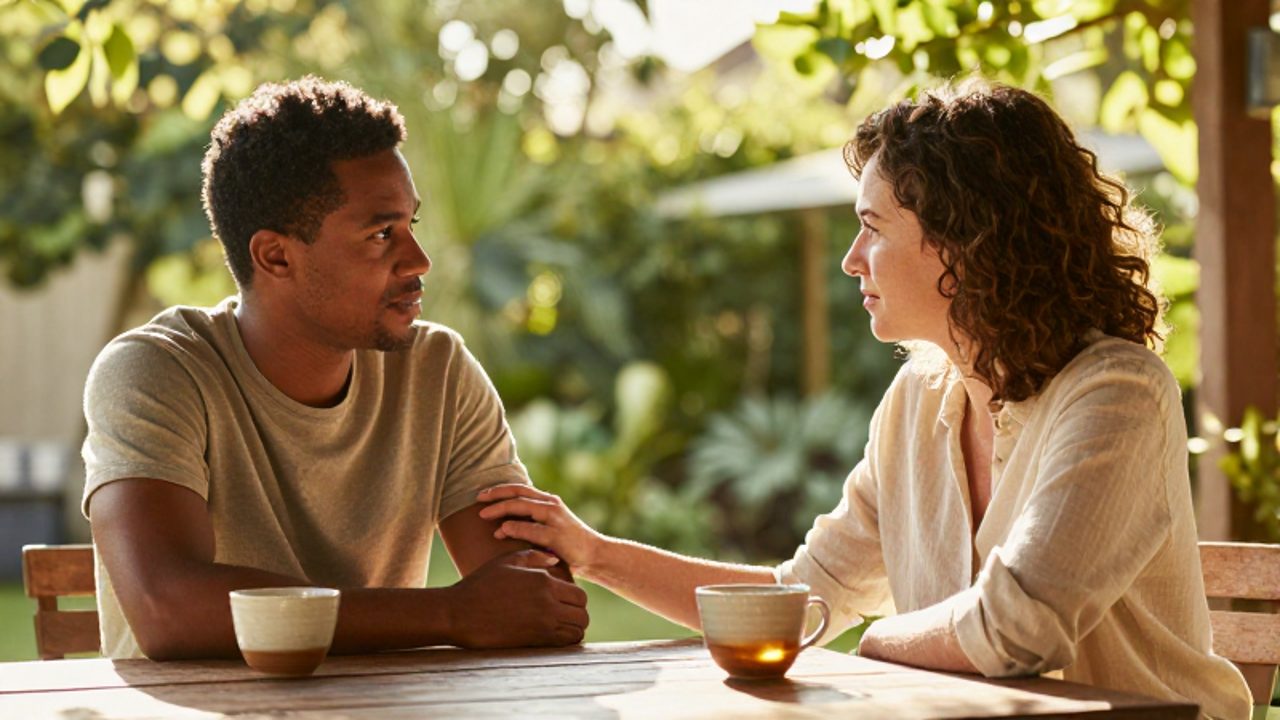 Dos personas conversan con cercanía en un jardín soleado mientras una de ellas toca el brazo de la otra en un gesto de empatía y agradecimiento.