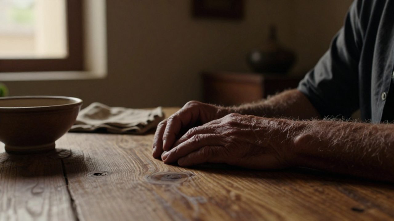 Manos curtidas descansan pesadamente sobre una mesa de madera rústica en un ambiente de luz tenue que evoca introspección y carga emocional.