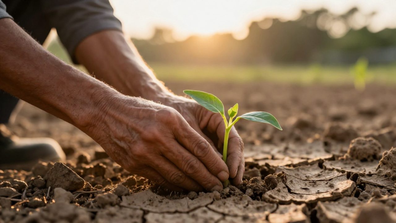 Unas manos curtidas cuidan con delicadeza un pequeño brote verde que crece en medio de una tierra seca y agrietada.