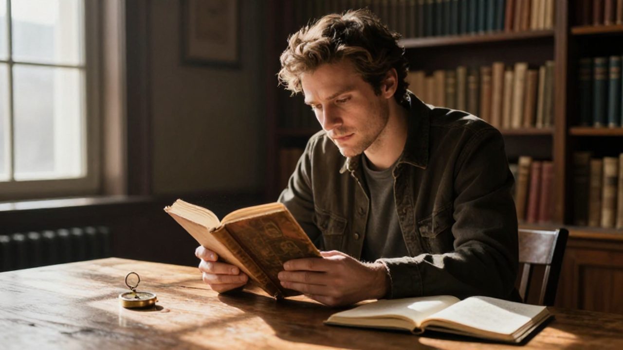 Hombre pensativo leyendo un libro antiguo en una biblioteca iluminada por el sol, junto a una brújula y un diario sobre una mesa de madera.