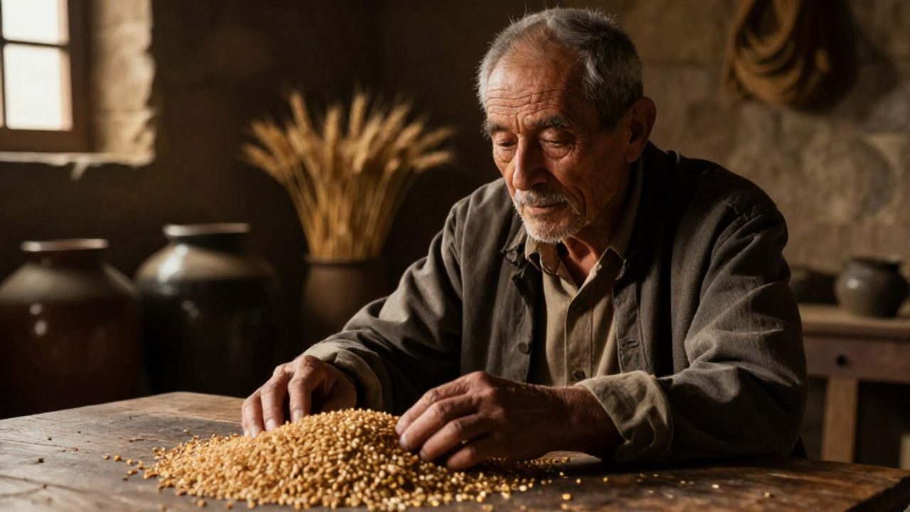 Un hombre anciano contempla con profunda reflexión un montón de grano sobre una mesa de madera en una habitación rústica.