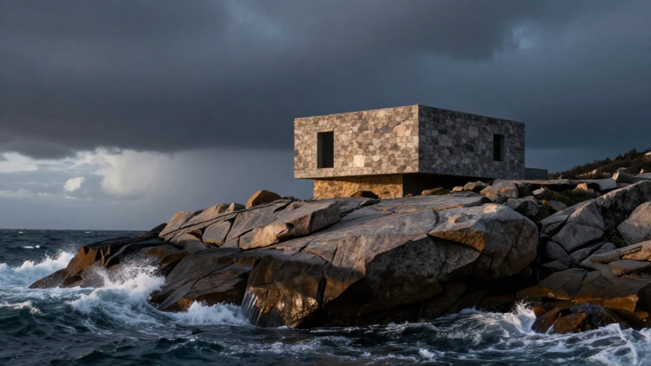 Casa moderna de líneas sencillas construida sobre un gran acantilado de granito frente a un mar agitado y tormentoso.