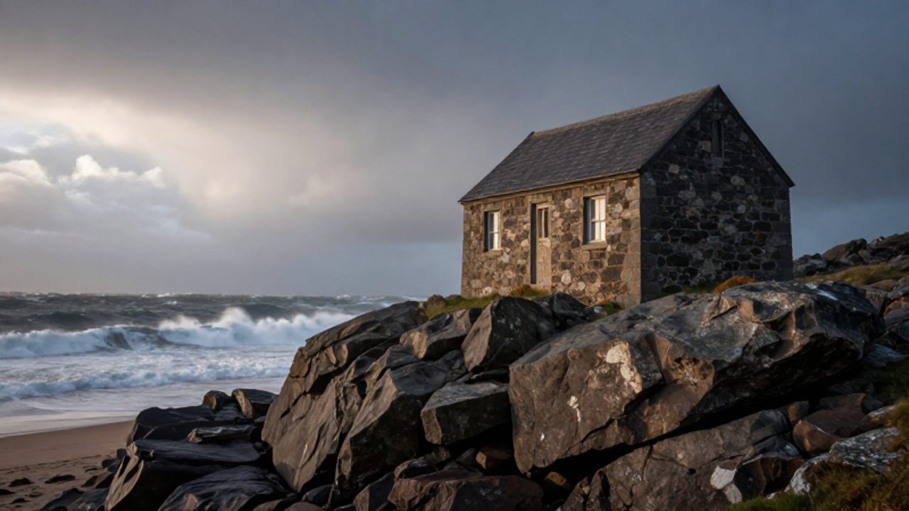 Una casa de piedra construida sobre un acantilado de granito que permanece firme frente a una tormenta con olas rompiendo en la costa.