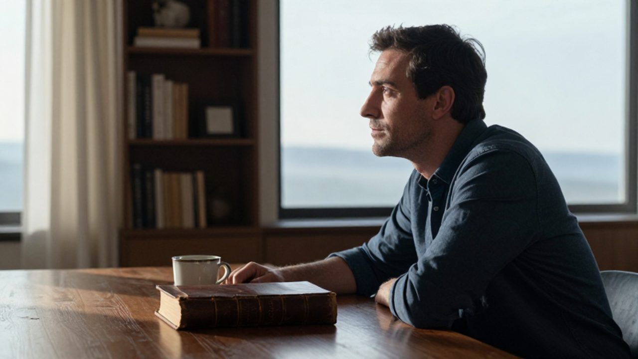 Hombre con expresión serena sentado frente a una ventana en un estudio iluminado por el sol, contemplando el horizonte con un libro antiguo sobre su escritorio.