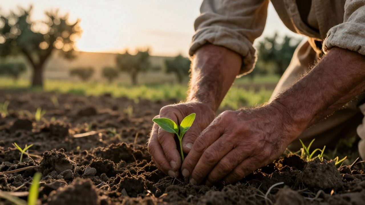 Unas manos curtidas cuidan con delicadeza un pequeño brote verde que emerge de la tierra fértil bajo la luz del atardecer.