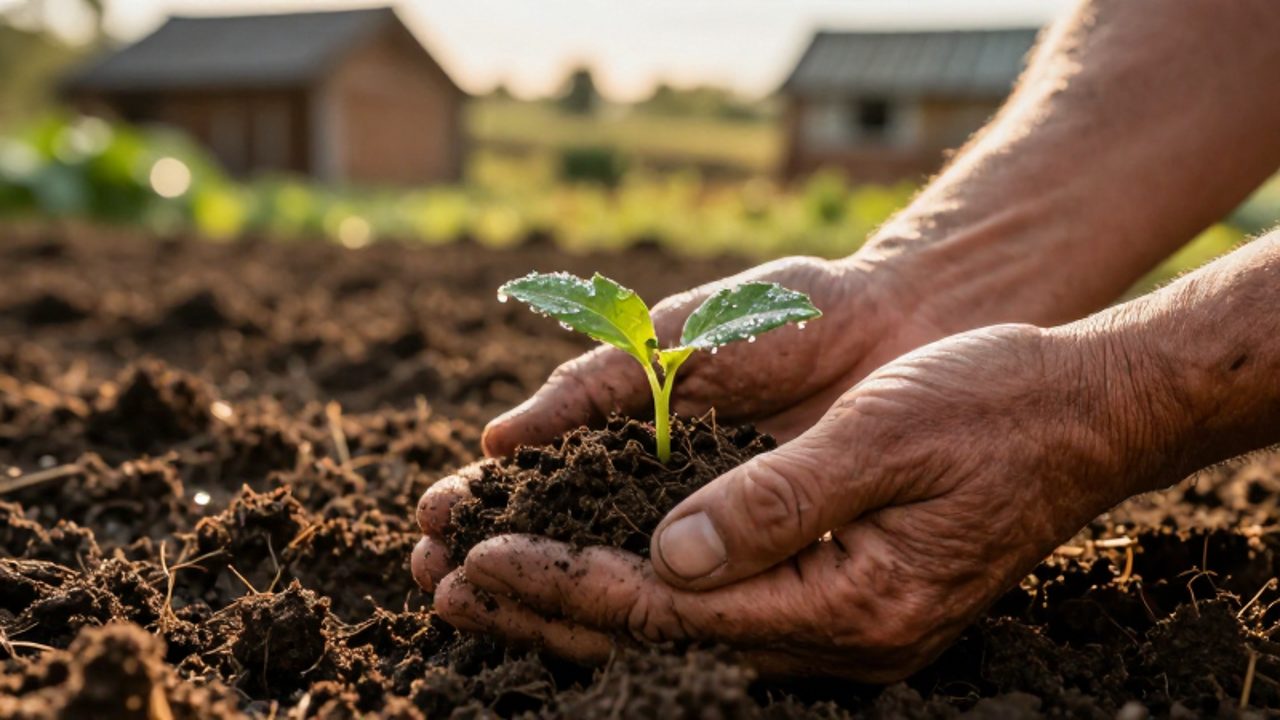 Unas manos trabajadas protegen con delicadeza un pequeño brote verde que emerge de la tierra fértil bajo la luz del sol.