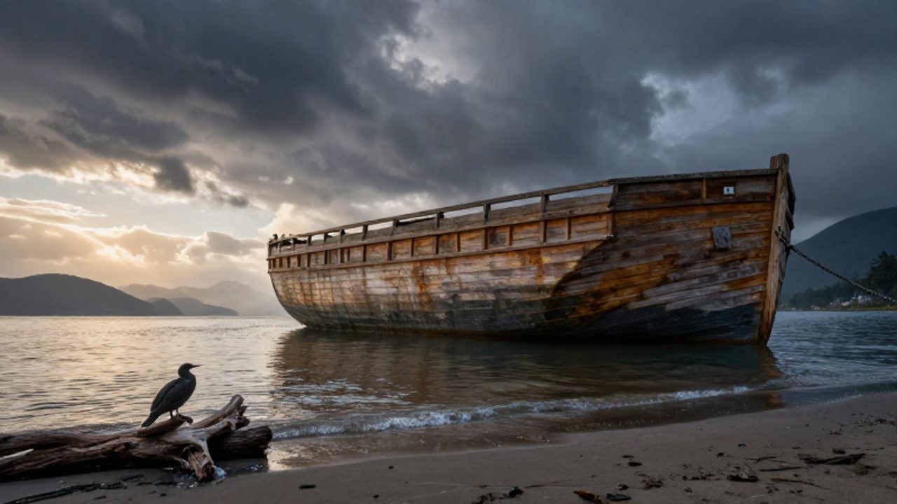 Un gran arca de madera desgastada reposa en una orilla tras el retroceso de las aguas bajo un cielo dramático.