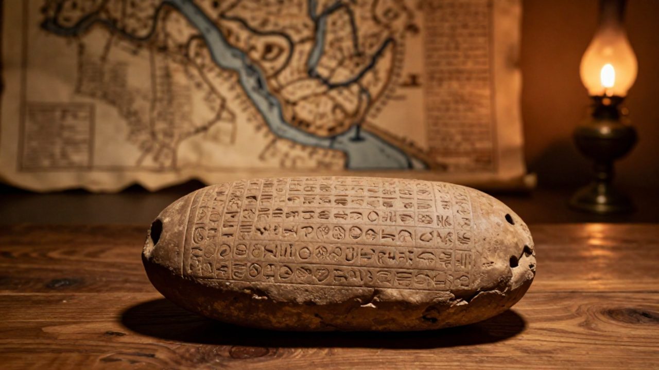 Tablilla de arcilla con inscripciones cuneiformes sobre una mesa de madera, con un mapa del Creciente Fértil desenfocado al fondo bajo la luz de una lámpara de aceite.