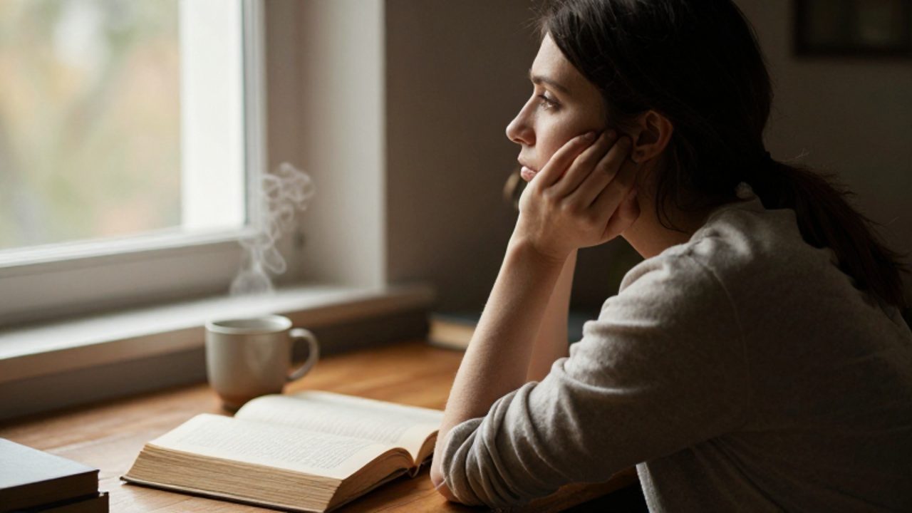 Una persona sentada en un estudio iluminado por el sol, con expresión tranquila y reflexiva mientras mira por la ventana junto a un libro abierto.