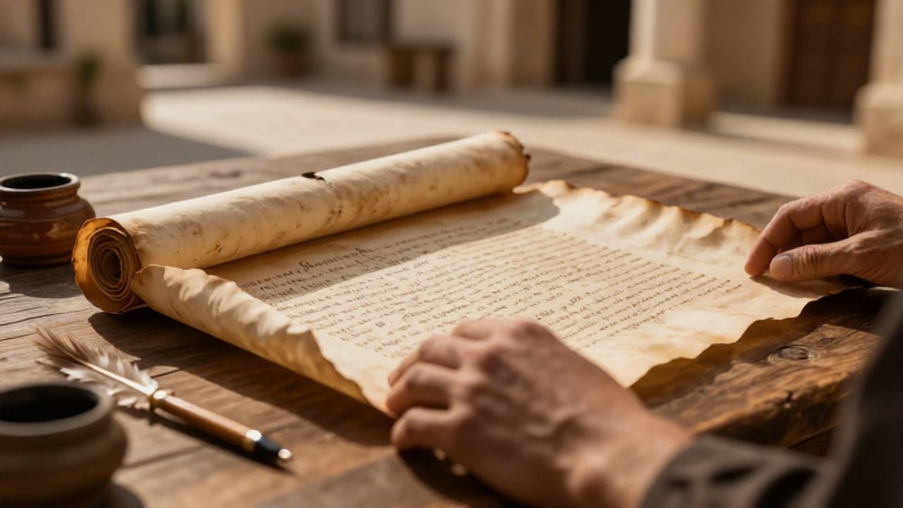 Unas manos desenrollan un antiguo pergamino manuscrito sobre una mesa de madera en un entorno histórico mediterráneo.