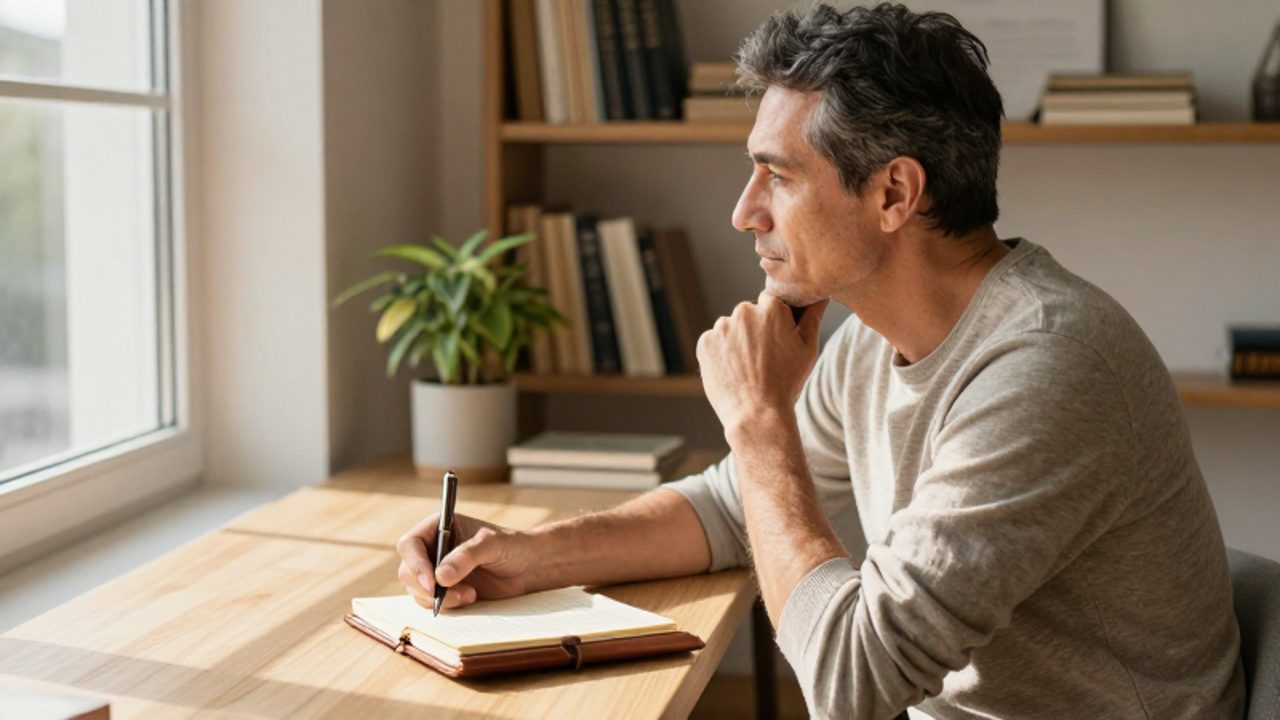 Hombre de mediana edad reflexiona con calma mientras escribe en un diario sobre un escritorio en una oficina iluminada por el sol.