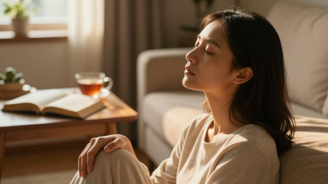 Una persona sentada en un rincón tranquilo de su hogar, con los ojos cerrados en un momento de paz y reflexión frente a un libro abierto y una taza de té.