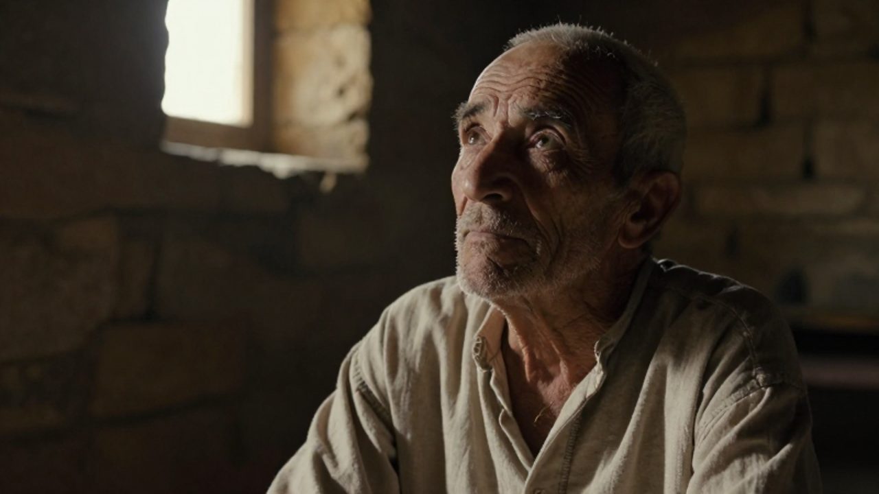 Hombre anciano de semblante digno y curtido mira hacia arriba con serenidad en una habitación de piedra rústica iluminada por un haz de luz natural.