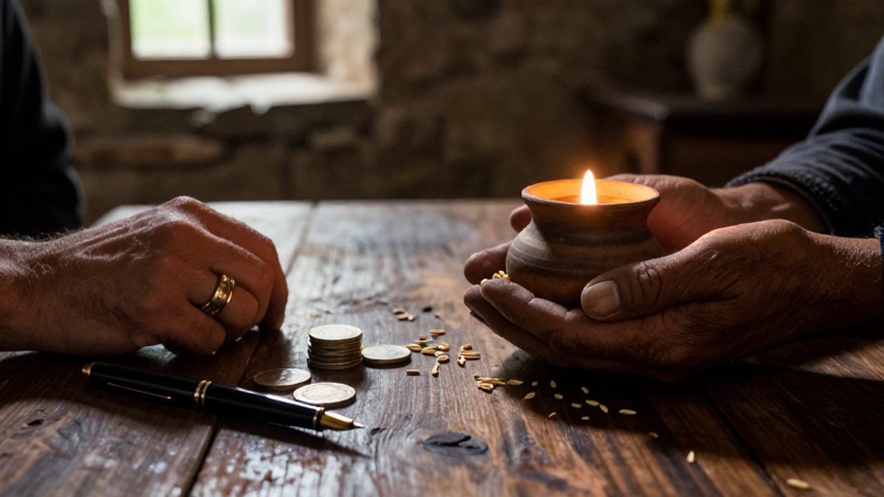 Dos manos contrastan sobre una mesa de madera: una con un anillo de oro y monedas modernas, y otra de aspecto trabajador sosteniendo un cuenco de barro con luz y granos.