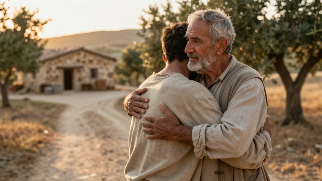 Un anciano abraza con afecto a un hombre joven vestido con ropas desgastadas en un camino rural al atardecer.