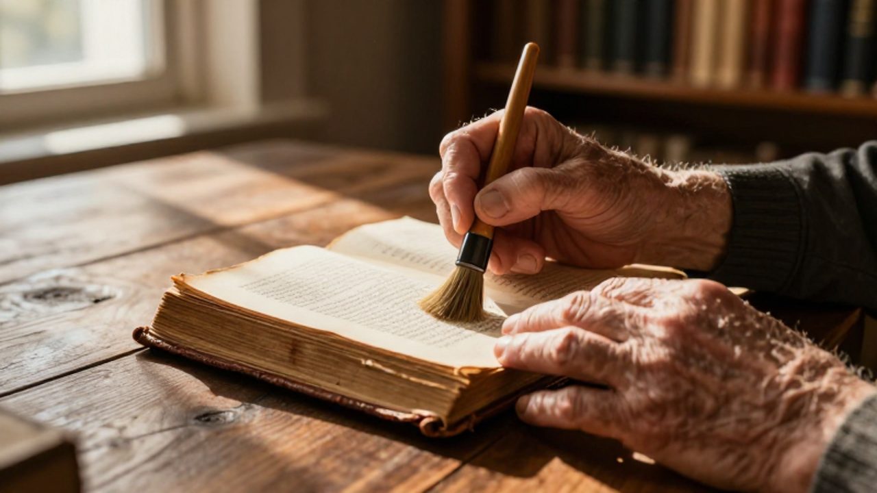Unas manos envejecidas restauran con cuidado un antiguo libro de cuero sobre una mesa de madera en un estudio iluminado por el sol.