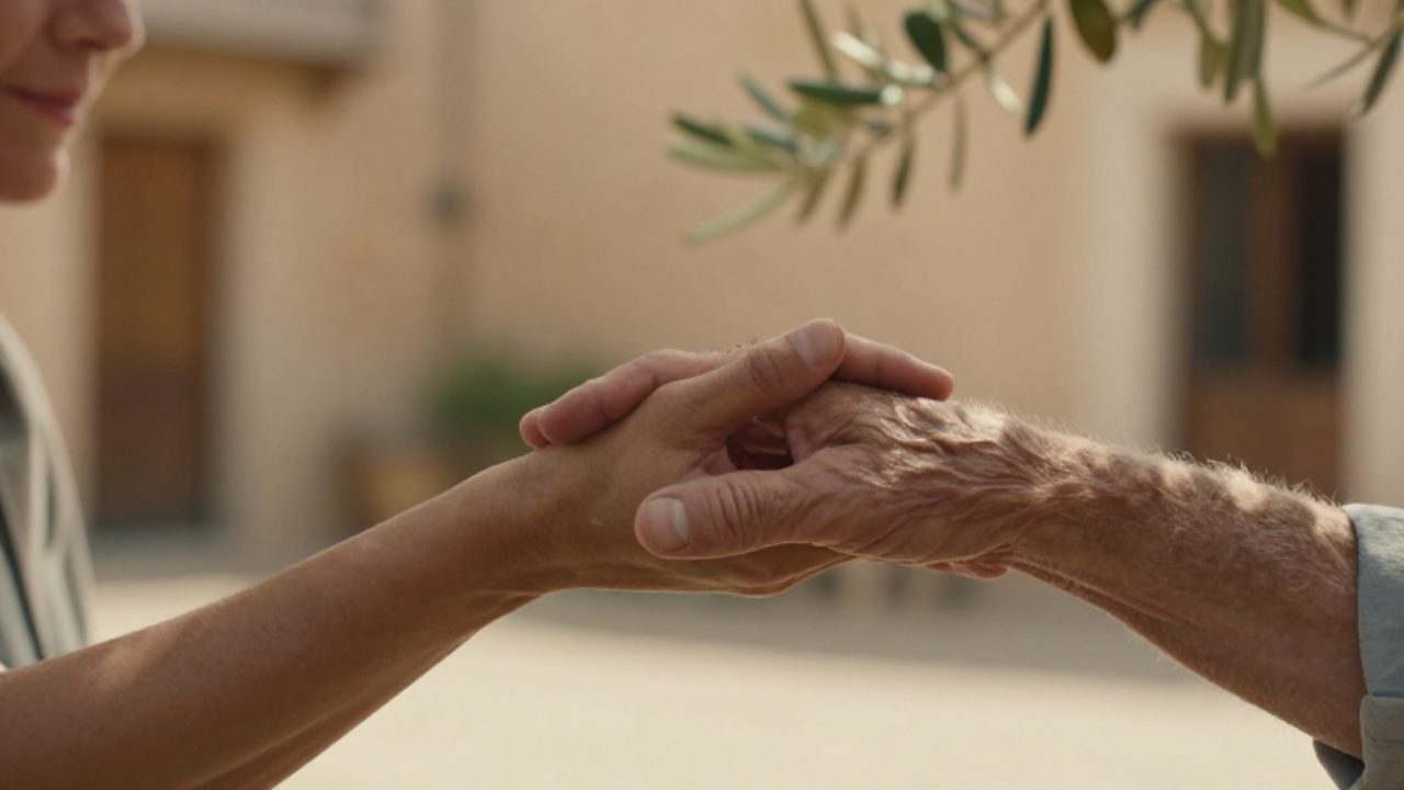 Una persona joven sostiene con ternura la mano de un anciano en un entorno luminoso y sereno, simbolizando la conexión y la compasión.