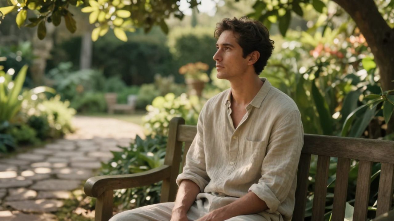 Hombre con expresión serena sentado en un banco de madera en un jardín iluminado por el sol, contemplando el paisaje en actitud introspectiva.